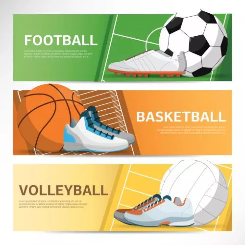 وکتور EPS والیبال شامل سه بنر یا پوستر افقی توپ والیبال و کفش به صورت لایه باز 24415