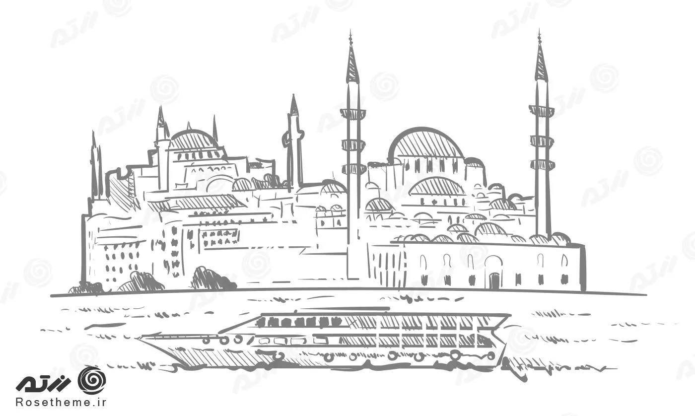 وکتور EPS شهر استانبول به صورت نقاشی شده شامل مسجد و دریا و کشتی به صورت لایه باز 24362
