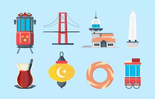 وکتور EPS شهر استانبول شامل تراموا و پل بغاز و سیمیت و چای به صورت لایه باز  24373