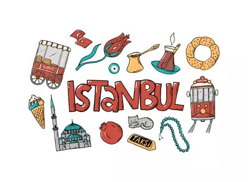 وکتور EPS شهر استانبول شامل تراموا و بستنی و سیمیت و چای به صورت لایه باز  24374