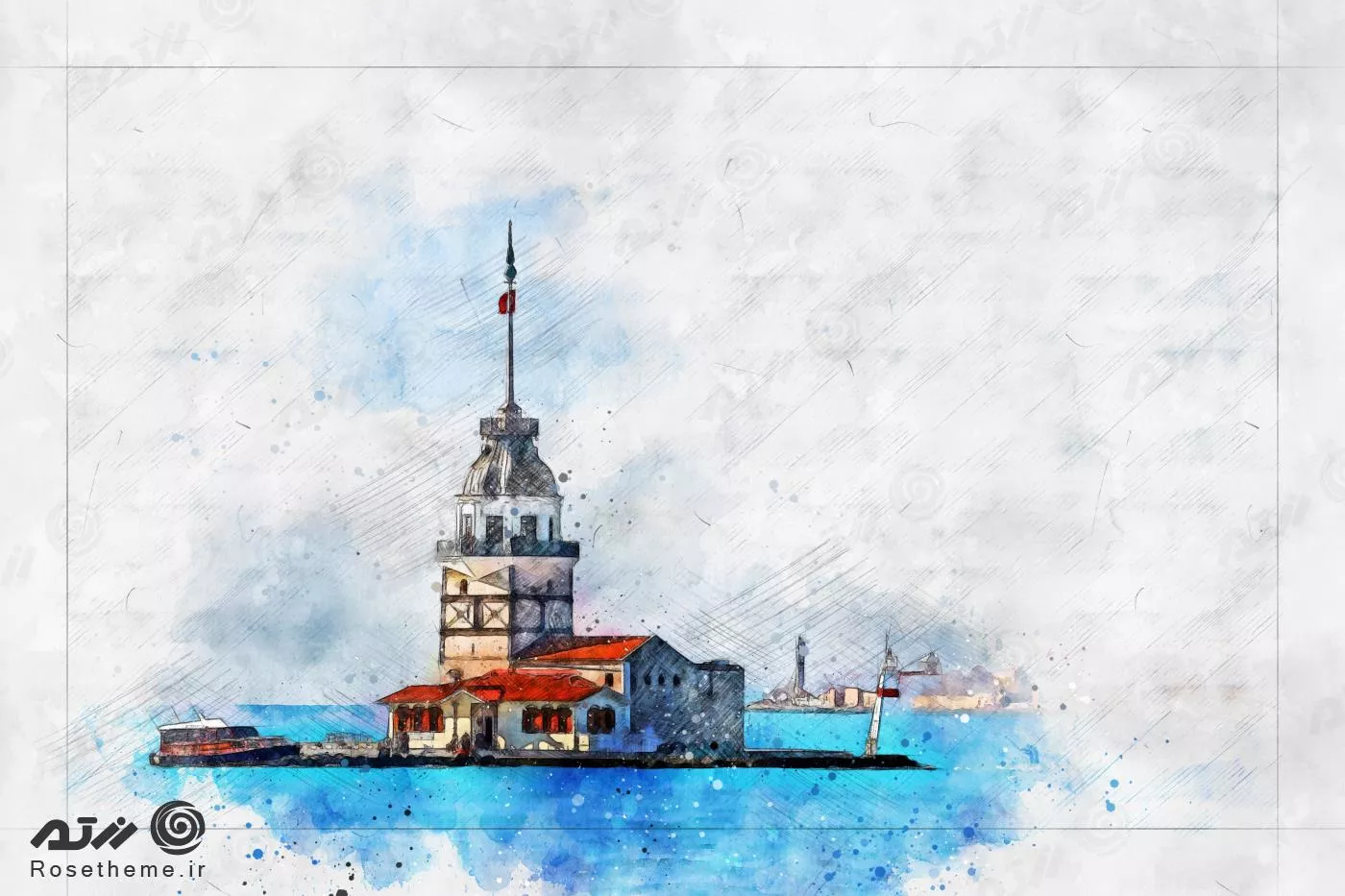 عکس رایگان JPG شهر استانبول شامل برج دختر به صورت آبرنگ 24386