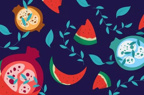 وکتور EPS و Ai مناسب شب یلدا شامل انار و هندوانه به صورت لایه باز 24507