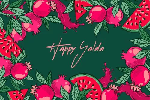 وکتور رایگان EPS و Ai تبریک شب یلدا شامل انار و هندوانه صورتی رنگ با پس زمینه سبز به صورت لایه باز  24466