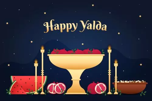 وکتور EPS و Ai تبریک شب یلدا شامل انار و هندوانه و یک ظرف آجیل به صورت لایه باز  24469