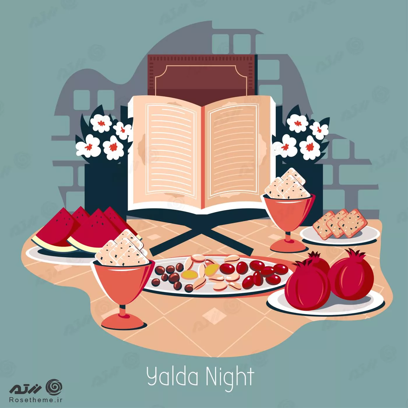 وکتور EPS تبریک شب یلدا شامل انار و هندوانه و آجیل و کتاب حافظ به صورت لایه باز  24471