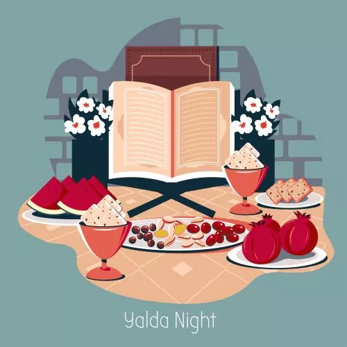 وکتور EPS تبریک شب یلدا شامل انار و هندوانه و آجیل و کتاب حافظ به صورت لایه باز  24471