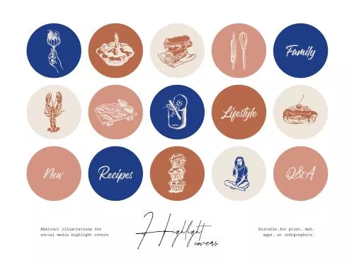 وکتور EPS مجموعه تصاویر خطی دست‌کشیده غذا و نوشیدنی برای کاور هایلایت شبکه‌های اجتماعی 26655