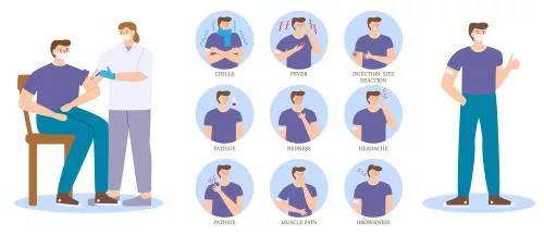 وکتور EPS مفهوم عوارض واکسیناسیون مردی که واکسن کووید تزریق می‌کند 26541