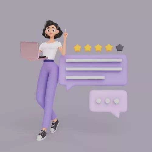 فایل PSD کاراکتر سه بعدی گرافیست زن در حال نگه داشتن لپ تاپ با حباب های چت 26609