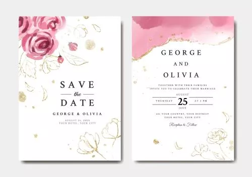 وکتور EPS قالب دعوتنامه عروسی زیبا با گل های رز طلایی صورتی 26669