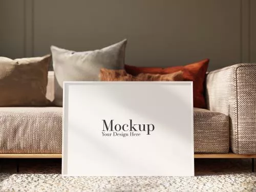 فایل PSD موکاپ قاب شیک با بوم خالی و مبل راحت 26681