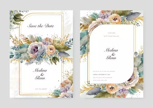 وکتور EPS قالب کارت دعوت عروسی گلدار زیبا و شیک با طرح گل های رنگارنگ 26689