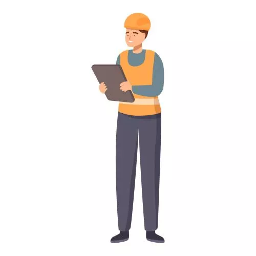 وکتور EPS کارگر ساختمانی در حال استفاده از تبلت دیجیتال در محل ساخت و ساز - روز کارگر 26692