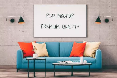 فایل PSD موکاپ قاب پوستر داخلی اتاق نشیمن با پس زمینه رندر سه بعدی 26719