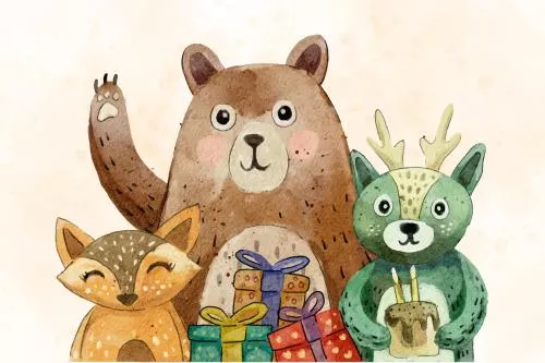 دانلود وکتور EPS تصویرسازی طراحی زیبا و بامزه از حیوانات برای جشن تولد با آبرنگ شامل خرس و روباه و گوزن به صورت لایه باز 24673