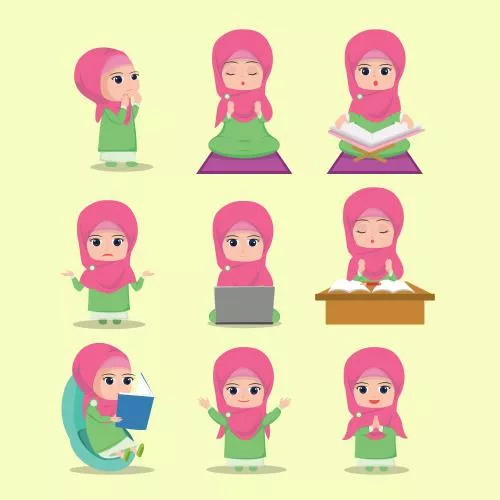 دانلود وکتور EPS استیکر کارتونی دختر بامزه با حجاب به صورت لایه باز 24696