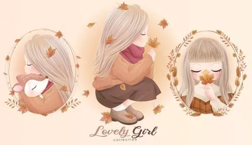 دانلود وکتور EPS مجموعه ای از دختران ناز با نقاشی آبرنگ به صورت لایه باز 24698