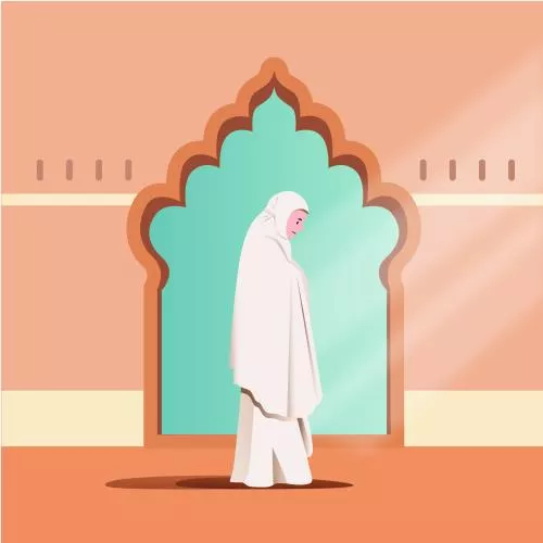 دانلود وکتور EPS تصویرسازی رمضان تخت زن مسلمان در حال دعا با حجاب سفید مقابل مسجد 24722