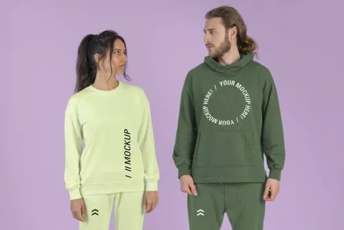 دانلود فایل PSD موکاپ برند و لوگو روی هودی و شلوار جاگر پوشیده شده توسط خانم و آقا 24749