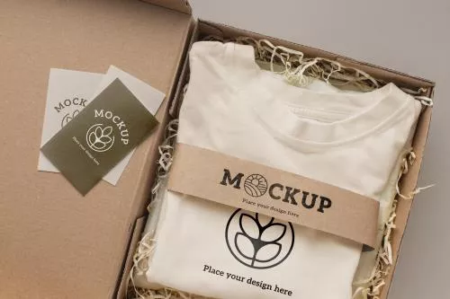 دانلود فایل PSD موکاپ آرم و لوگو روی بسته بندی تی شرت 24754