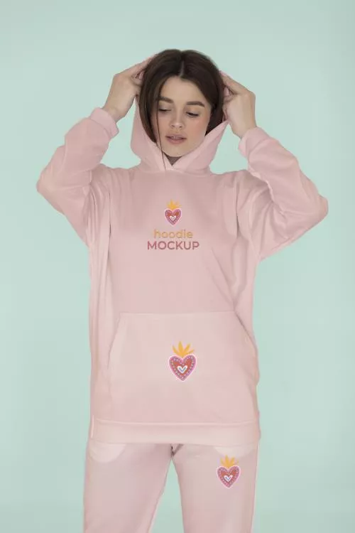 دانلود فایل PSD موکاپ مدل خانم در حال ژست گرفتن با هودی از نمای جلو 24762