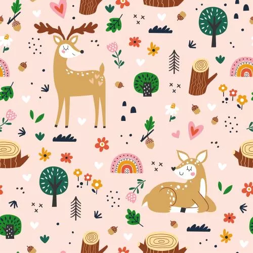 دانلود فایل EPS پترن بدون درز کودکانه با عناصر کارتونی گوزن جنگل بافت خلاقانه بچه‌ها پارچه به صورت لایه باز 24538