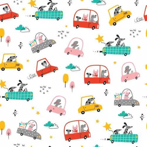 دانلود فایل EPS پترن بدون درز کودکانه با ماشین های کارتونی سگ های بامزه بافت خلاقانه برای پارچه کودکان به صورت لایه باز 24544
