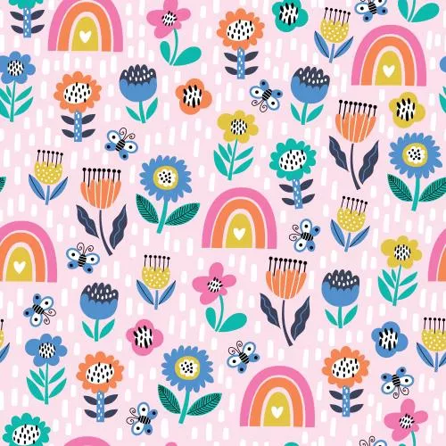 دانلود فایل EPS پترن بدون درز کودکانه با رنگین کمان کارتونی با بافت خلاقانه کودکان و گلها  به صورت لایه باز 24547