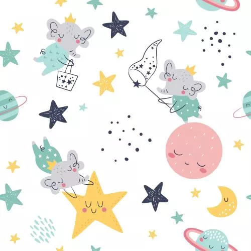 دانلود فایل EPS پترن بی‌ درز کودکانه با فیل‌های جذاب، ستاره‌های درحال گرفتن، سیارات، ابرها، ماه و ستاره‌ها به صورت لایه باز 24549