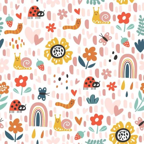 دانلود وکتور EPS پترن بدون درز کودکانه با کفشدوزک، پروانه، گل‌ها، حلزون، کرم به صورت لایه باز 24556