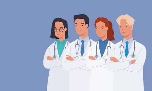 وکتور EPS تصویرسازی مسطح گروه پزشکان مرد و زن با کت سفید پزشکی ایستاده با دستان جمع شده 26811