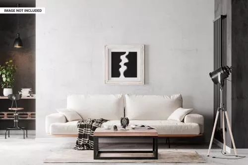 دانلود فایل PSD موکاپ قاب عکس مربعی دیوار بتنی اتاق  24781