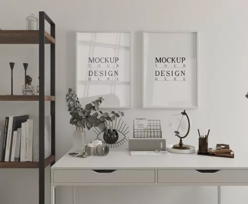 دانلود فایل PSD میز سفید با موکاپ قاب عکس رندر سه بعدی 24784