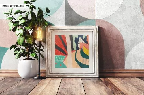 دانلود فایل PSD موکاپ قاب عکس مربعی چوبی در اتاق قدیمی 24786