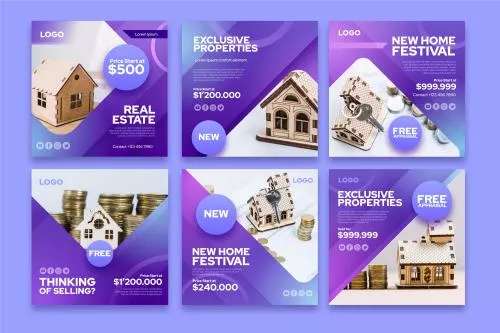 دانلود فایل EPS و AI پست های اینستاگرام املاک با تم رنگی بنفش و سفید فایل وکتور لایه باز 24799