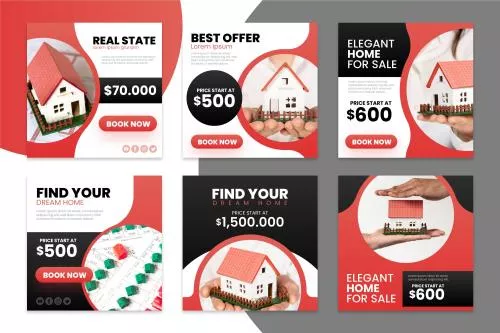 دانلود فایل EPS و AI پست های اینستاگرام مناسب برای صفحه های املاک با تم رنگی مشکی و قرمز به صورت لایه باز 24800