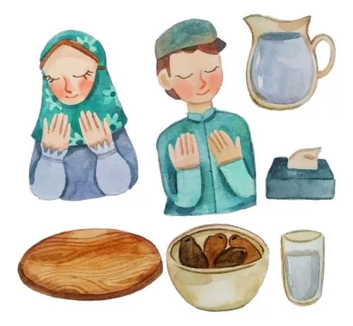 دانلود وکتور EPS المان عید فطر برای دختر و پسر مسلمان با تکنیک آبرنگ 24845