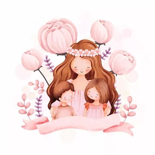 دانلود وکتور EPS تصویرسازی آبرنگی مادر و بچه‌ها با تاج گل 24915