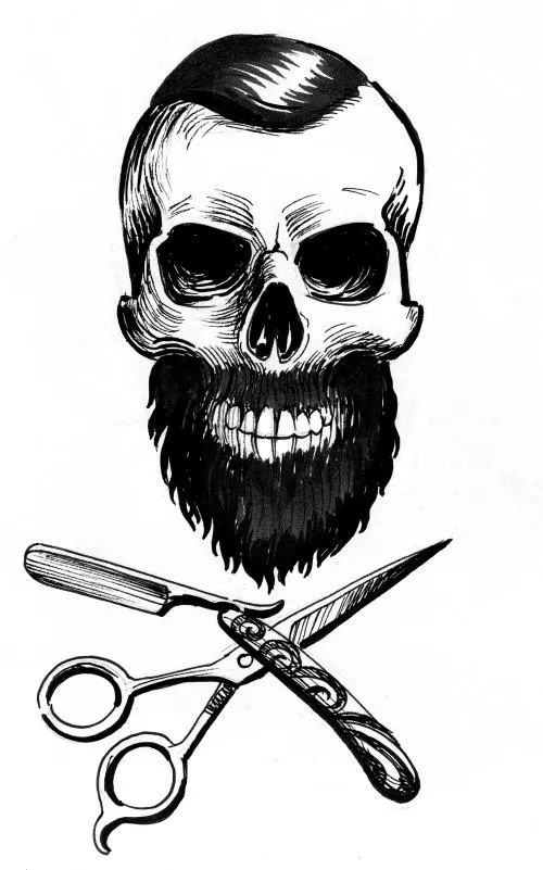 عکس با کیفیت رسم جوهر سیاه و سفید جمجمه ریش دار با قیچی ریش تراشی 26870