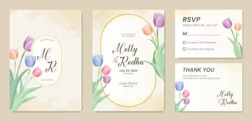 وکتور EPS قالب دعوتنامه عروسی دو طرفه با طرح گل لاله رنگارنگ وکتور پریمیوم 26871