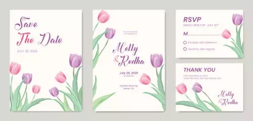 وکتور EPS قالب دعوتنامه عروسی دو طرفه با طرح لاله صورتی و بنفش 26874