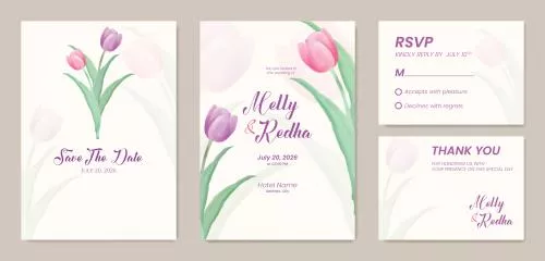 وکتور EPS قالب دعوتنامه عروسی دو طرفه با طرح لاله صورتی و بنفش زیبا 26875