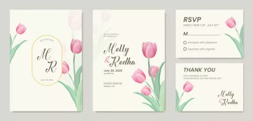 وکتور EPS قالب دعوتنامه عروسی دو طرفه با طرح گل لاله صورتی زیبا 26876