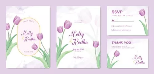 وکتور EPS قالب دعوتنامه عروسی دو طرفه گل لاله بنفش زیبا 26877