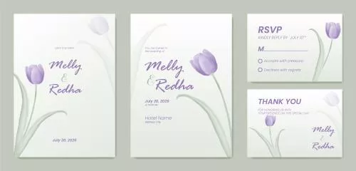 وکتور EPS قالب دعوتنامه عروسی دو طرفه با طرح گل لاله بنفش زیبا 26878