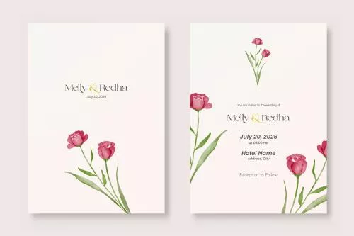 وکتور EPS قالب دعوتنامه دو طرفه عروسی با نقاشی آبرنگ زیبا از گل رز 26893