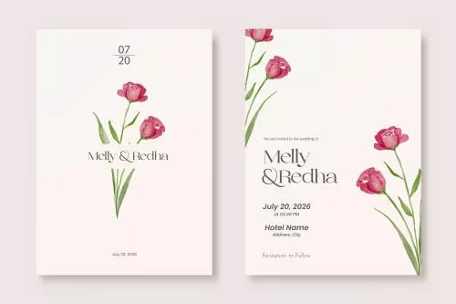 وکتور EPS قالب دعوتنامه عروسی دو طرفه با نقاشی آبرنگ زیبا از گل رز 26894