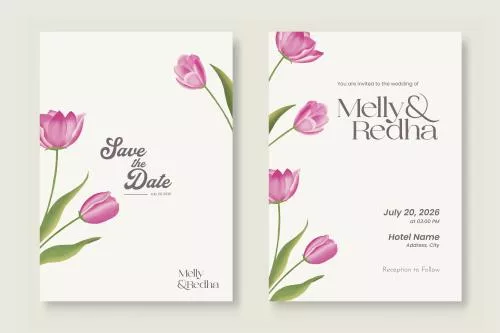 وکتور EPS قالب دعوتنامه عروسی دو طرفه با گل آبرنگی قرمز 26895