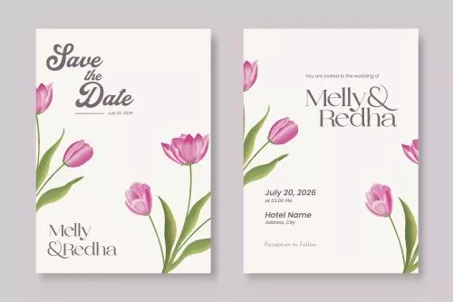 وکتور EPS قالب دعوتنامه عروسی دو طرفه با گل آبرنگی قرمز 26896