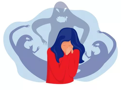 وکتور EPS زن ترسیده در حال گریه با اشباح خیالی در اطراف او، اختلالات روانی 26929